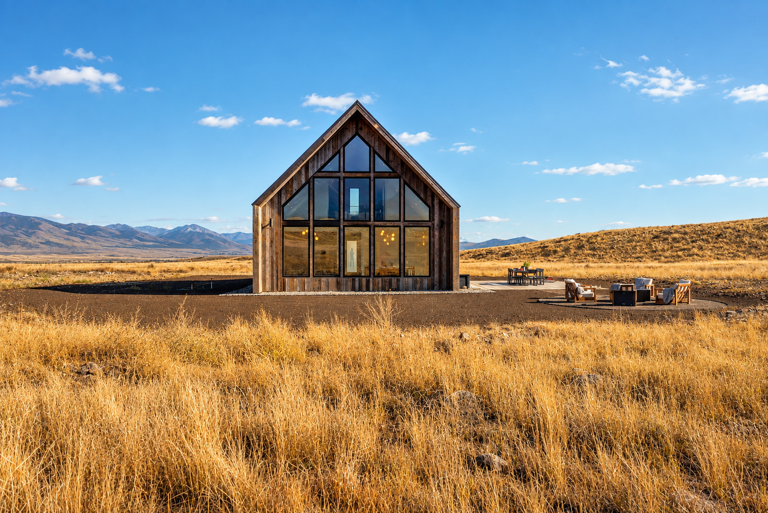 Glass House Montana — exterior gable window wall, Paradise Valley, Montana